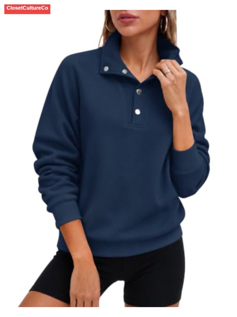 Mock Neck Henley Sweatshirt Snap Button Long Sleeve Pullover